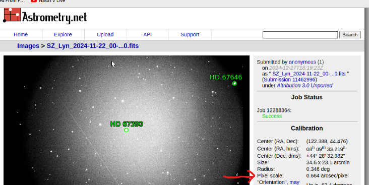 Astrometry.net plate scale result