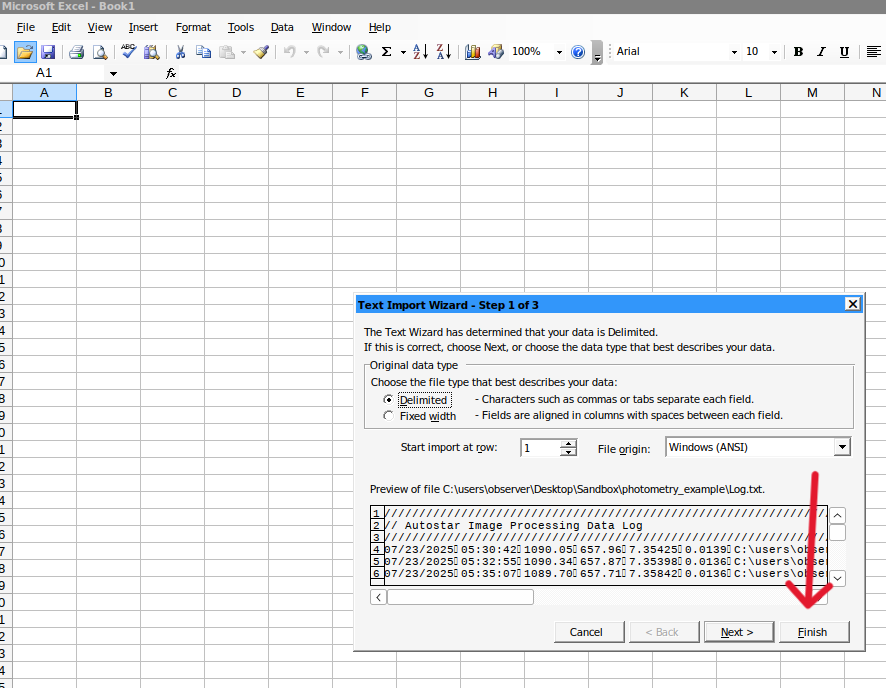 Import the log file into Excel