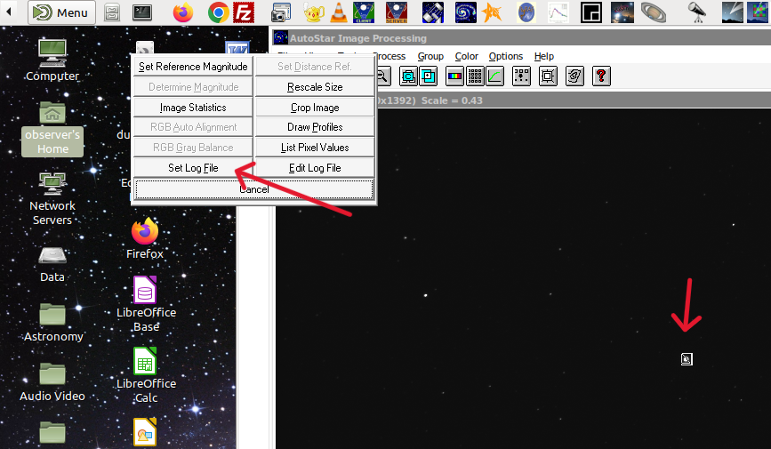 Select the target star and set the log file
