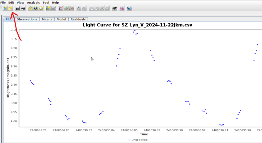 Light curve loaded into VSTAR