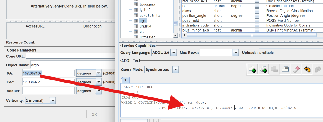 Copy RA and Dec into the TAP query